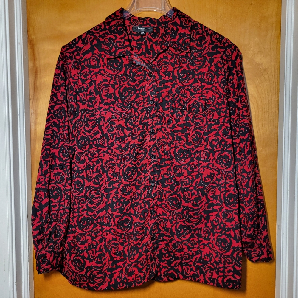 Red And Black Abstract Rose Patterned Button Down Blouse + Roll-up Sleeve Tabs